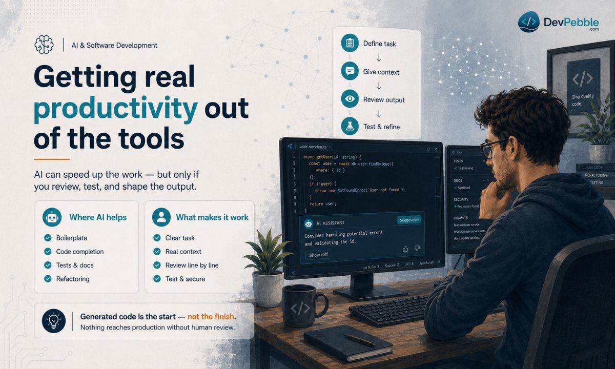 Getting real productivity from AI coding tools with a workflow — define the task, give context, review the output line by line, then test and refine before shipping.