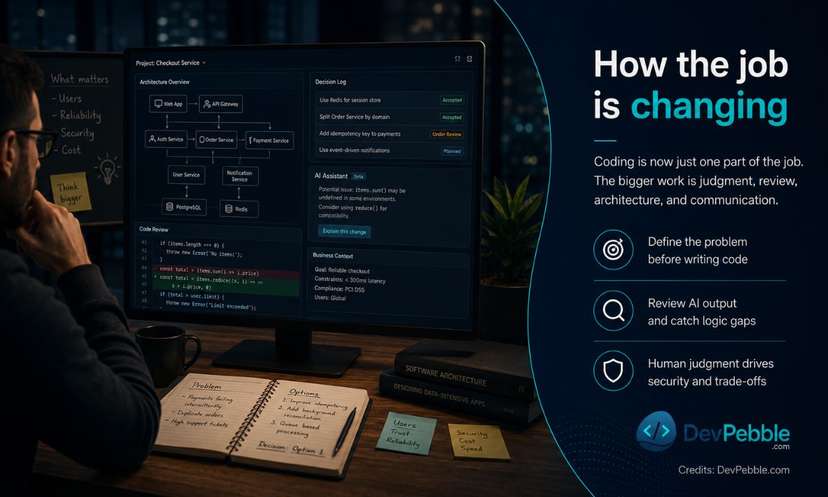 How the developer job is changing — coding is now one part of the work, alongside defining the problem, reviewing AI output, designing architecture, and weighing trade-offs.