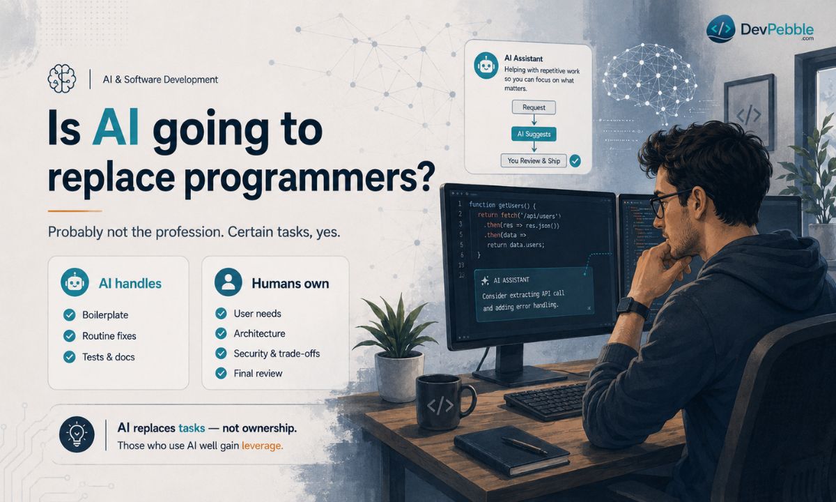 Is AI going to replace programmers? AI handles boilerplate, routine fixes, and tests; humans own user needs, architecture, security trade-offs, and the final review.