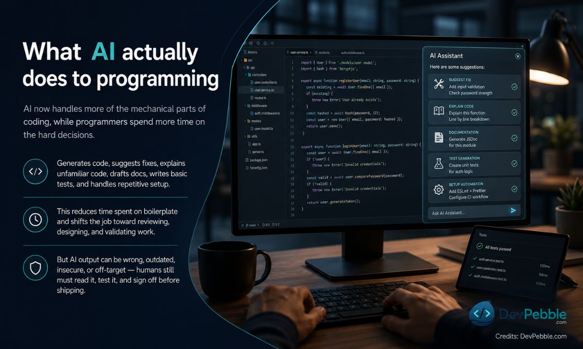 What AI actually does in programming — it generates code, suggests fixes, explains unfamiliar code, and drafts docs and tests, while developers review and sign off before shipping.