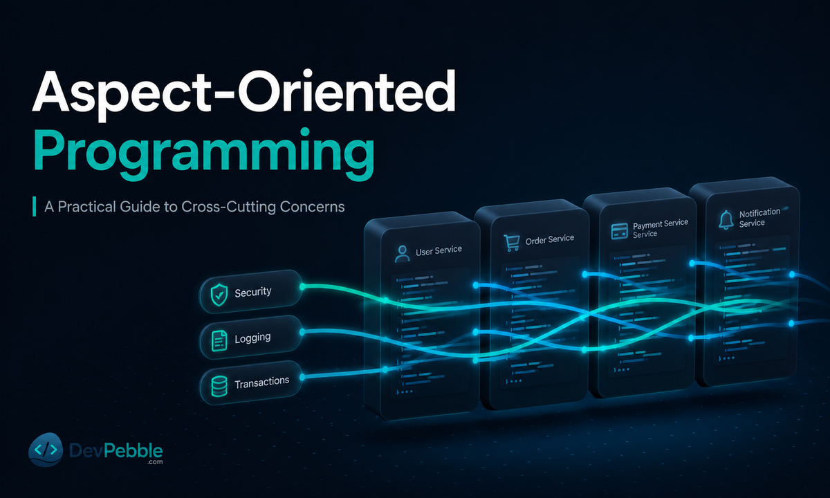 Aspect-oriented programming — a practical guide to cross-cutting concerns like logging, security, and transactions, separated from core business logic through aspects and weaving.