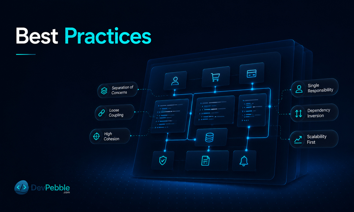 Aspect-oriented programming best practices — keep pointcuts specific, document aspects, keep business logic out of aspects, test aspects on their own, and limit aspects per join point.