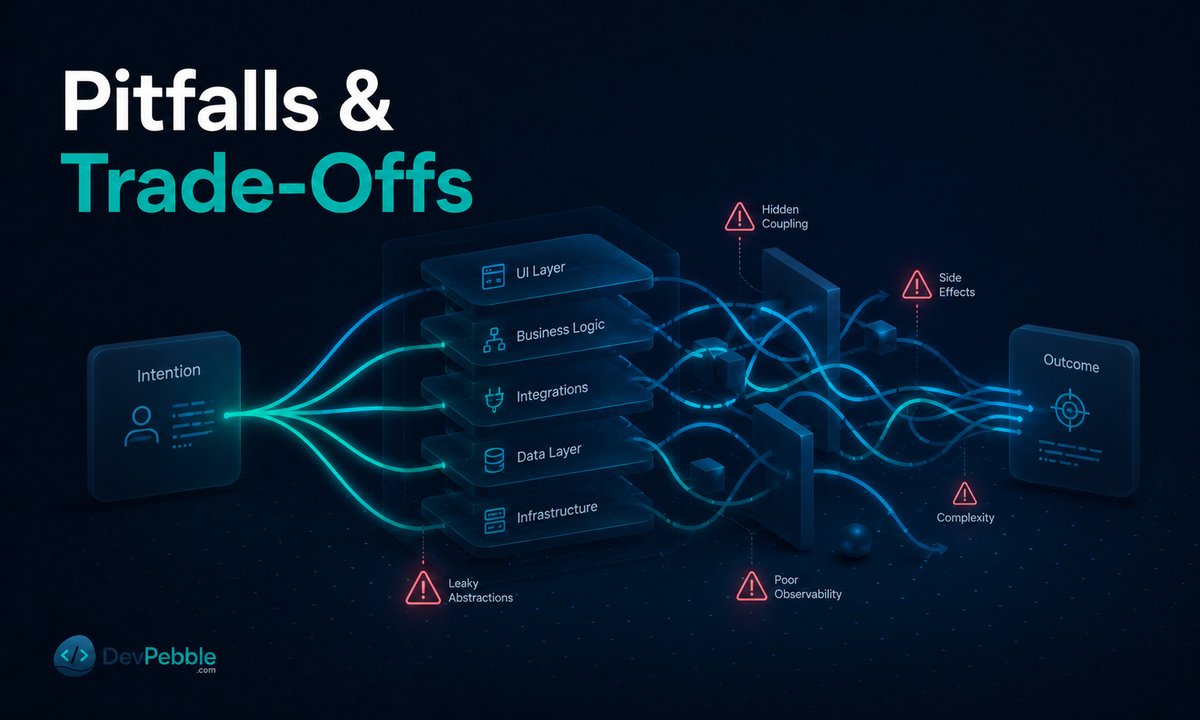Aspect-oriented programming pitfalls and trade-offs — harder debugging, a steep learning curve, runtime weaving overhead, and the temptation to overuse aspects.