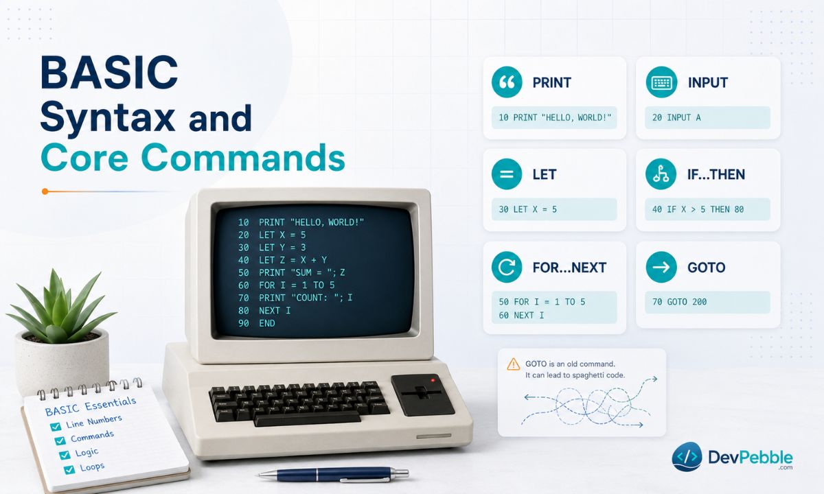 BASIC syntax and core commands — PRINT, INPUT, LET, IF, THEN, FOR, NEXT, and GOTO shown in a forgiving, plain-English grammar that is easy for beginners to read.