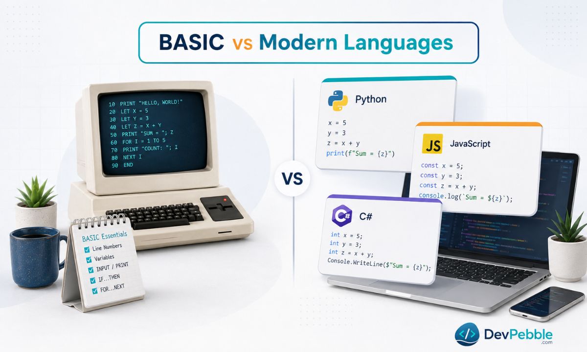 BASIC vs modern programming languages — how BASIC compares to Python, JavaScript, C#, and Visual Basic for beginners, careers, and real-world software in 2026.