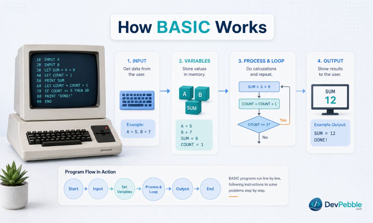 How BASIC works — an interpreted language where each numbered line runs in order from lowest to highest, letting beginners see the flow of a program.