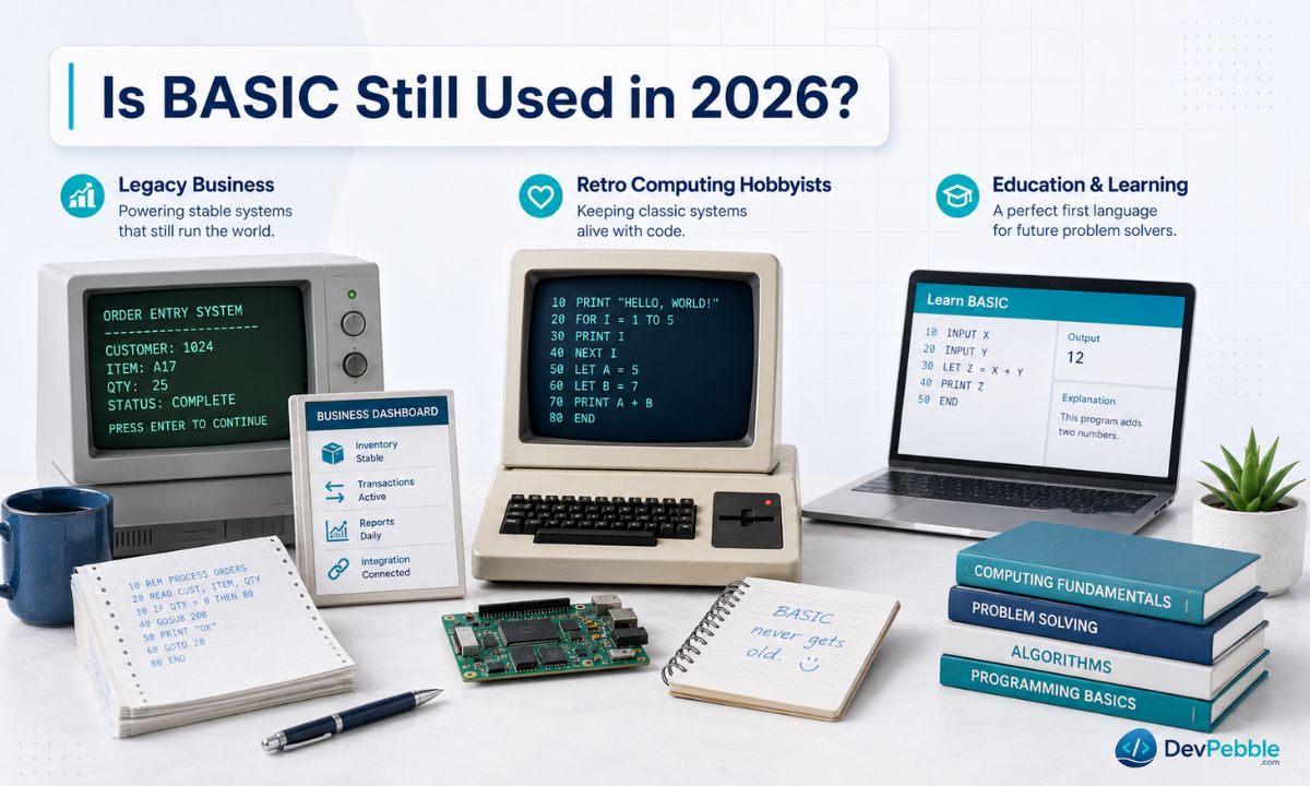 Is BASIC still used in 2026 — not much for new software, but it survives in legacy Visual Basic and VB.NET business systems, retro computing communities, and some classrooms.