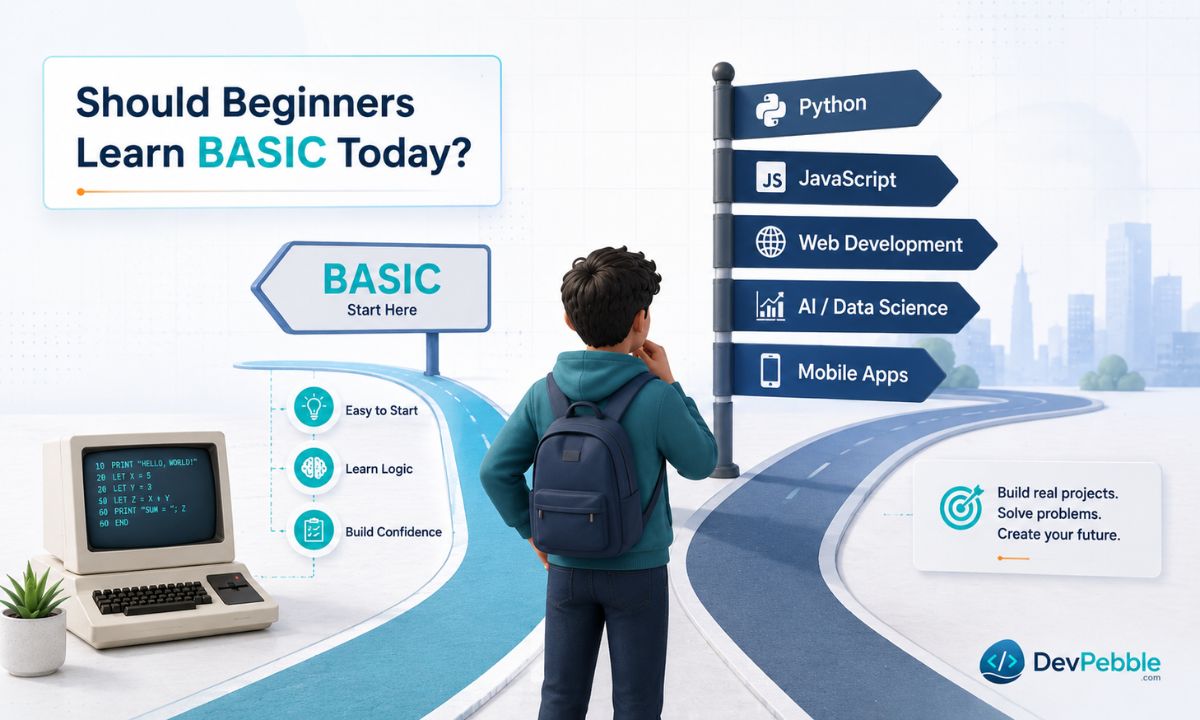 Should beginners learn BASIC today — a fine starting point for complete beginners who find modern languages intimidating, but career-focused learners are better off with Python or JavaScript.