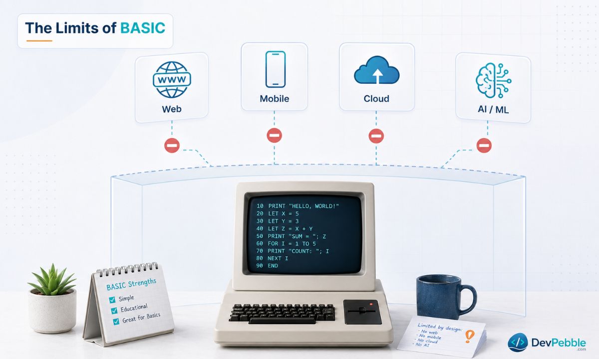 The limits of BASIC — old GOTO-heavy habits, no native support for web, mobile, cloud, APIs, or machine learning, fragmented dialects, and a thin job market in 2026.
