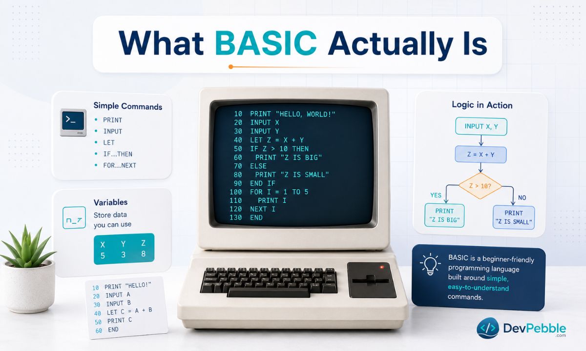 What is the BASIC programming language — Beginner's All-purpose Symbolic Instruction Code, a high-level language built in the 1960s at Dartmouth College using plain-English commands like PRINT, INPUT, and GOTO.