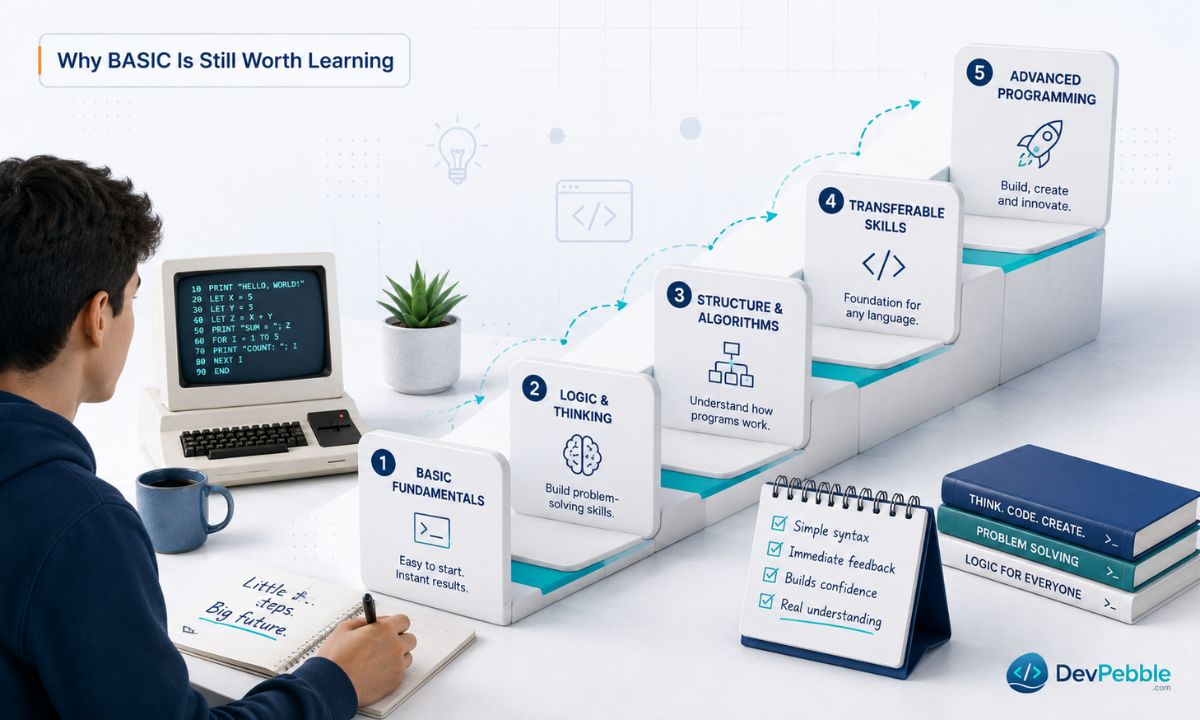 Why BASIC is still worth learning in 2026 — it teaches core logic with nothing in the way, lowers the fear barrier, and connects you to computing history and the retro scene.