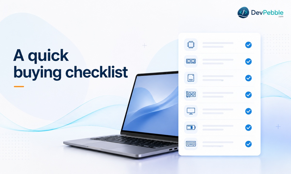 A quick buying checklist for a programming laptop — RAM, SSD, processor, keyboard, and battery targets for beginners, working developers, and anyone future-proofing their machine.