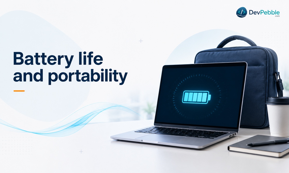 Battery life and portability for a coding laptop — aiming for 7 to 10 hours of real-world use, with Apple silicon MacBooks standing out and workstation laptops trading battery for power.