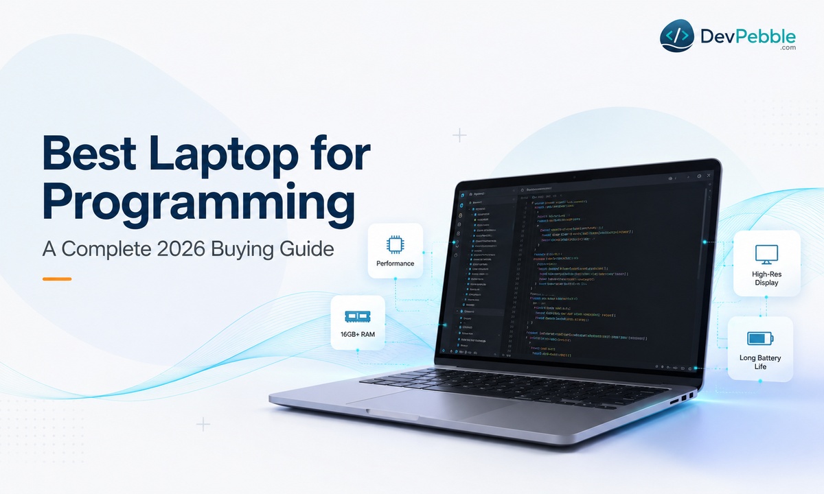 Best laptop for programming: a complete 2026 buying guide — a developer's laptop running an IDE, browser docs tabs, a terminal, and Docker, illustrating the RAM, storage, and processor a coding laptop needs.