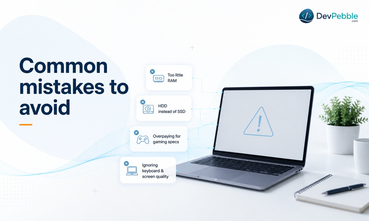 Common mistakes to avoid when buying a programming laptop — buying too little RAM, choosing an HDD over an SSD, ignoring the keyboard and screen, overpaying for gaming specs, and buying on brand name alone.