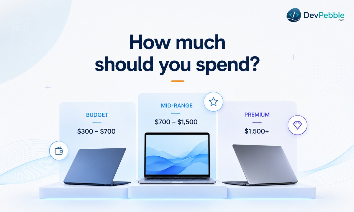 How much should you spend on a programming laptop — budget tiers at 8 to 16GB, mid-range at 16GB and a 512GB SSD, and premium at 32GB with larger SSDs and sometimes a discrete GPU.