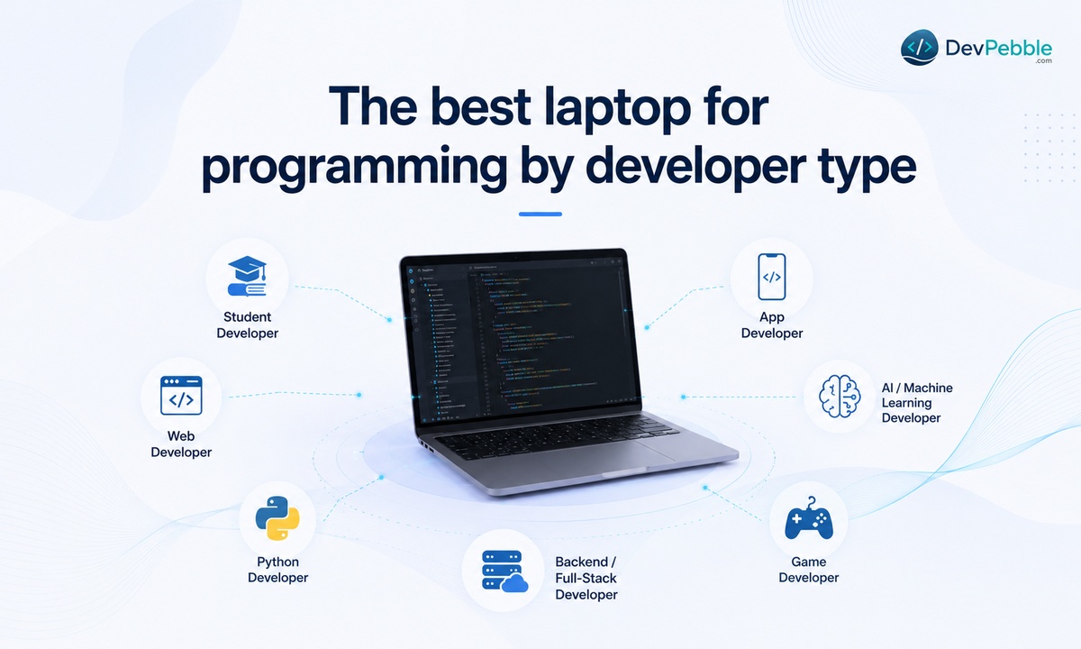 The best laptop for programming by developer type — a cross-reference of RAM, storage, processor, and GPU needs for students, web, Python, app, AI/ML, game, and backend developers.