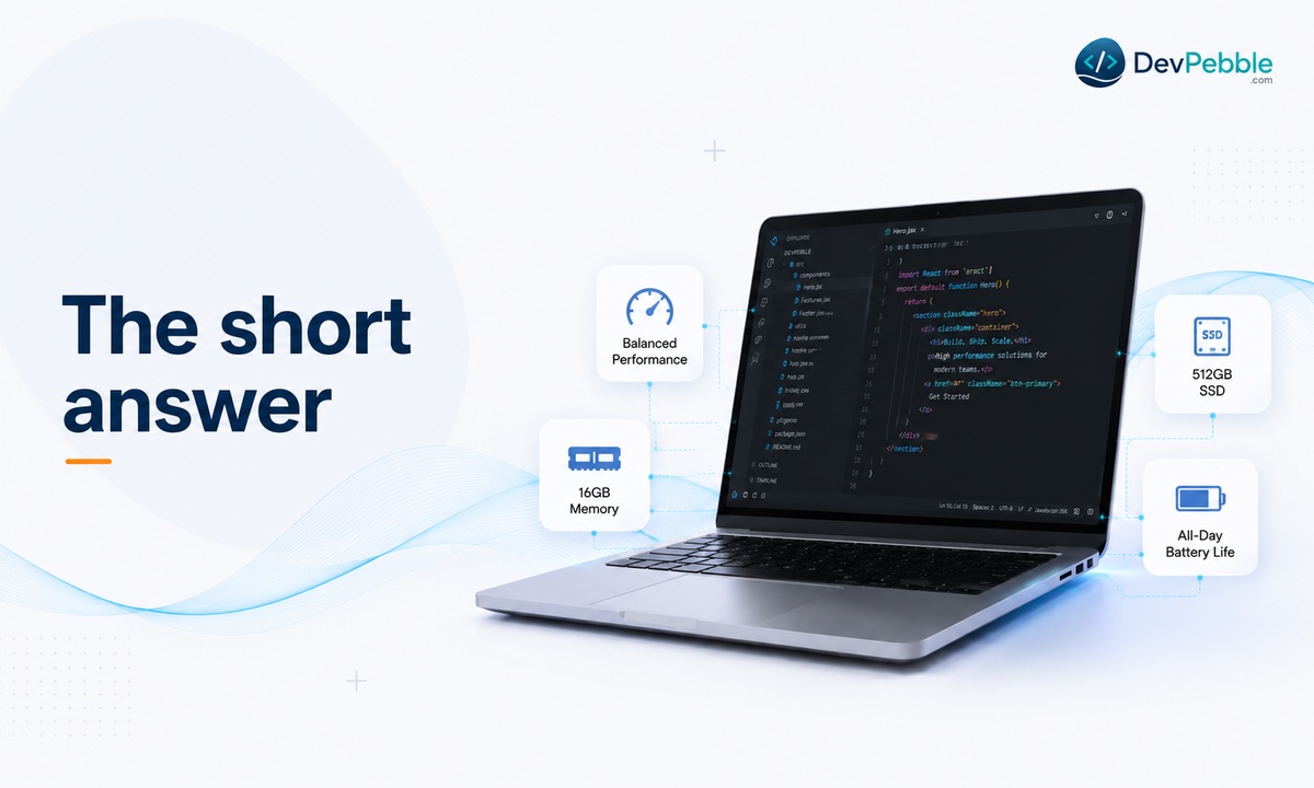 The short answer for the best laptop for programming — a modern multi-core processor, 16GB of RAM, and a 512GB SSD as the sweet spot for most students and working developers.