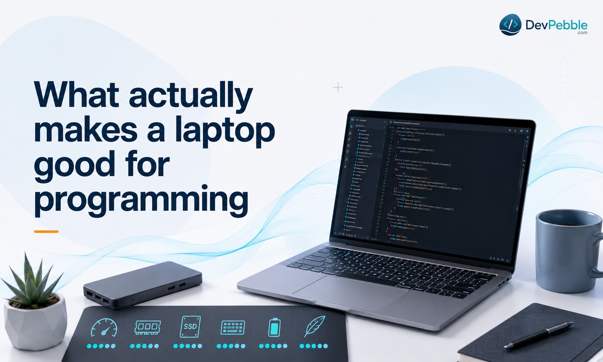 What actually makes a laptop good for programming — VS Code, a browser full of docs tabs, a terminal running a local server, and Docker spinning up a container all at once without slowdown.