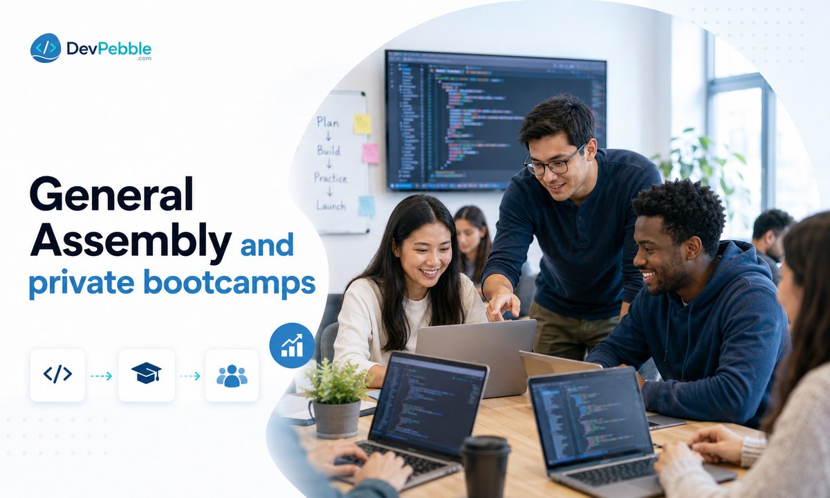 General Assembly and private bootcamps — an intensive, project-heavy Software Engineering Bootcamp teaching JavaScript, Python, and full-stack development with career coaching, full-time or part-time.