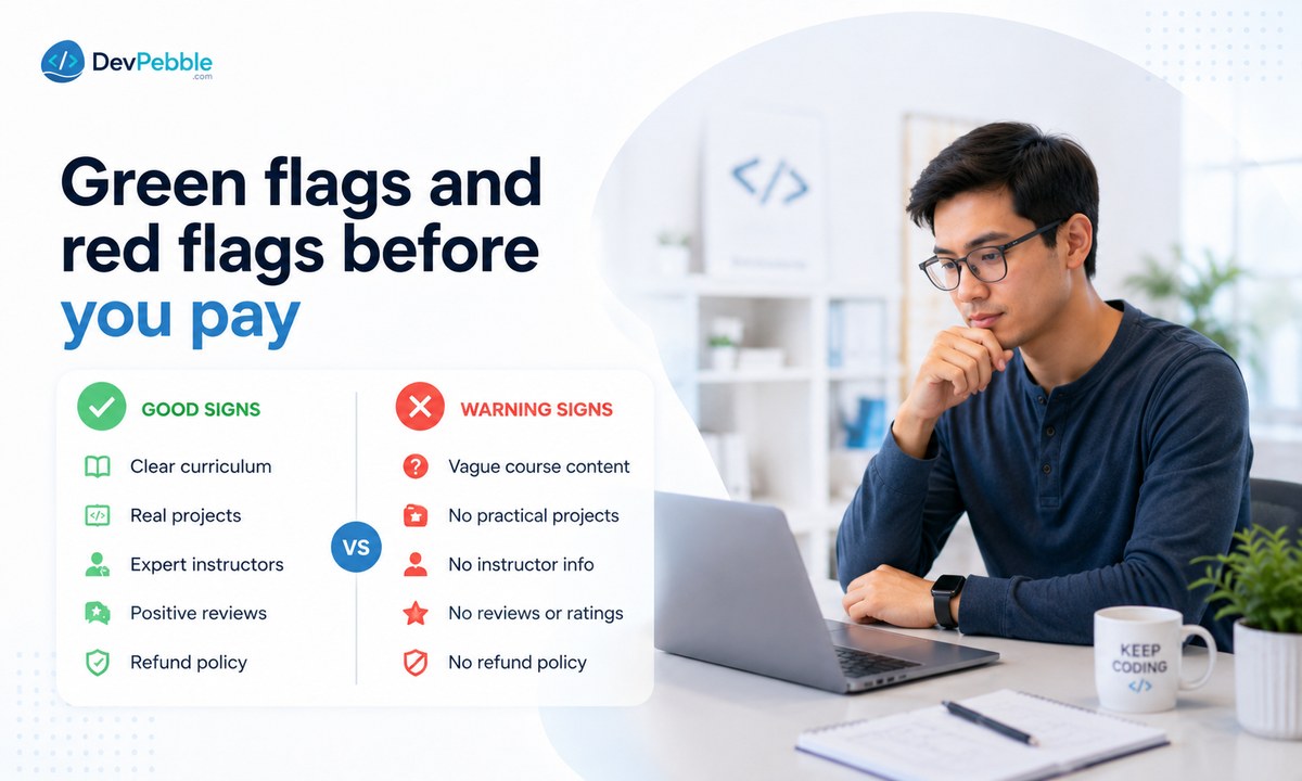 Green flags and red flags before you pay for a coding course — real portfolio projects, Git and GitHub, APIs, databases, and career prep versus vague job-placement claims and thin mentorship.