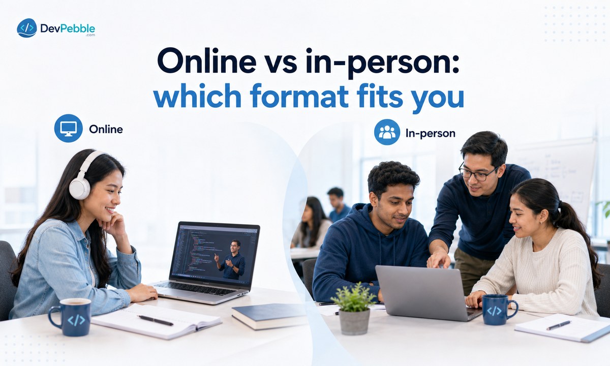 Online vs in-person coding classes — online formats suit unpredictable schedules and existing jobs, while in-person or hybrid classes help with face-to-face accountability and networking.