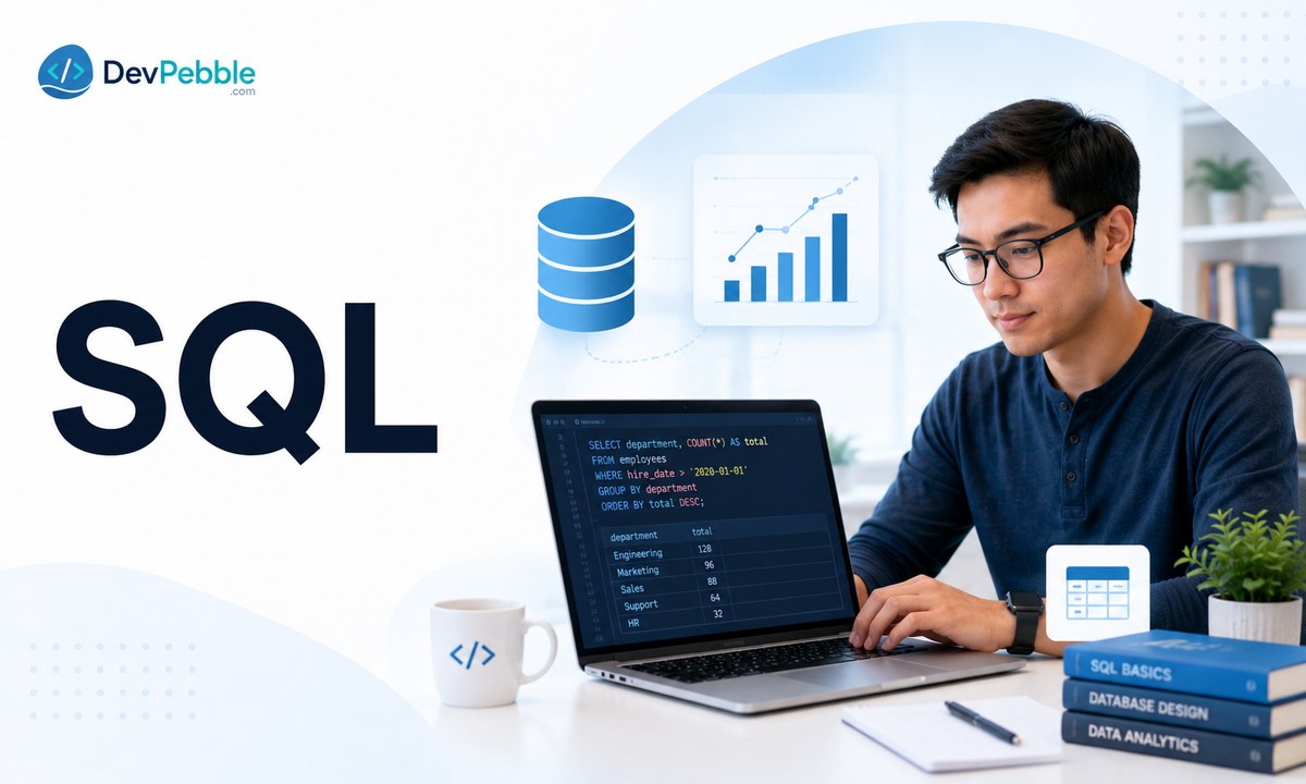 SQL for querying and managing databases — a language backend developers, data analysts, and some product roles rely on, often folded into software development courses alongside Python or JavaScript.