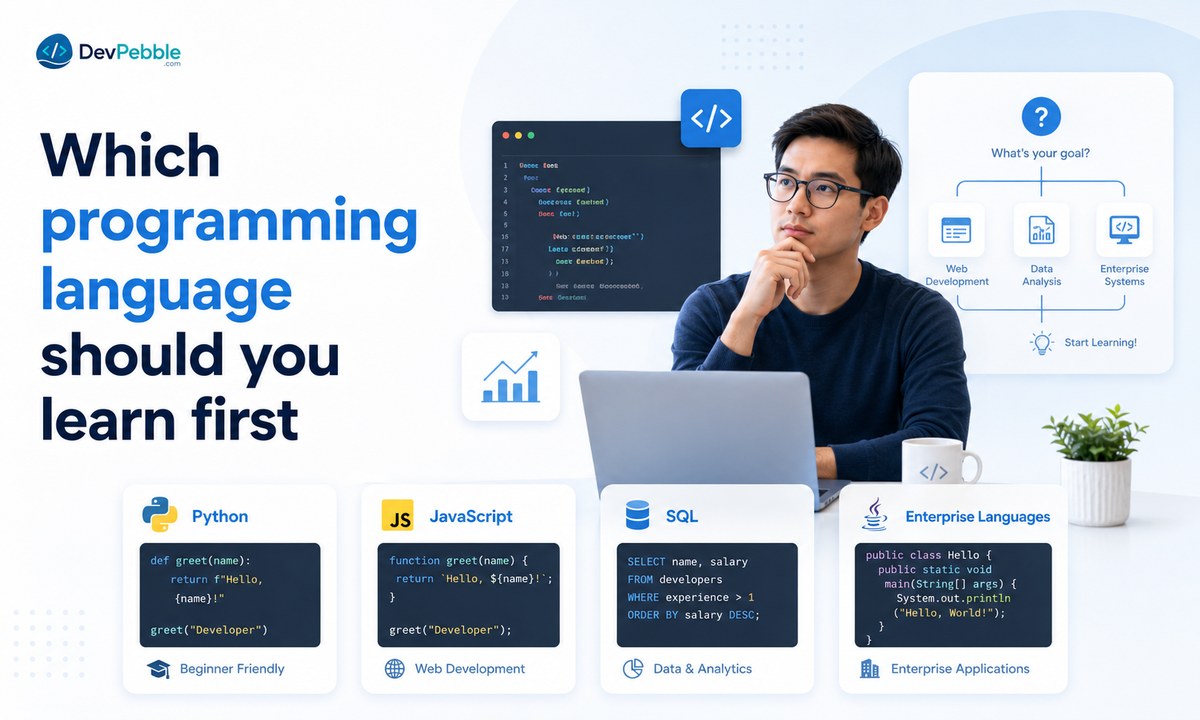Which programming language should you learn first — matching Python, JavaScript, SQL, or enterprise languages like Java and C# to the kind of developer work you're aiming for.
