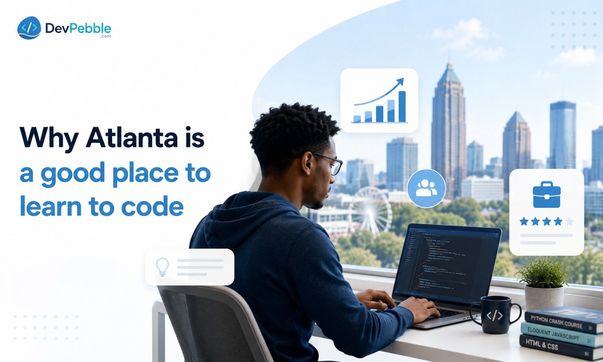 Why Atlanta is a good place to learn to code — a low cost of living paired with a cluster of tech employers like Delta, The Home Depot, and Mailchimp and a steady flow of startups hiring developers.