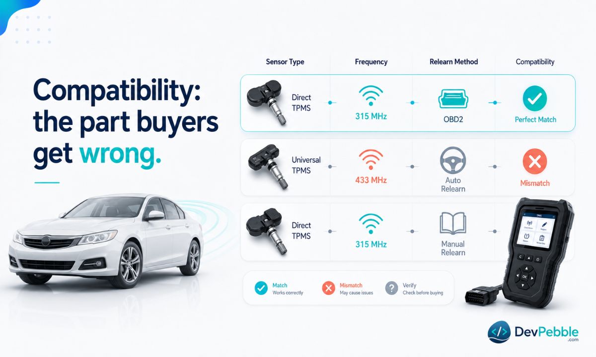 TPMS compatibility — the part buyers get wrong, where make, model, year, sensor type, frequency, and relearn method all decide whether a tool works on your car.