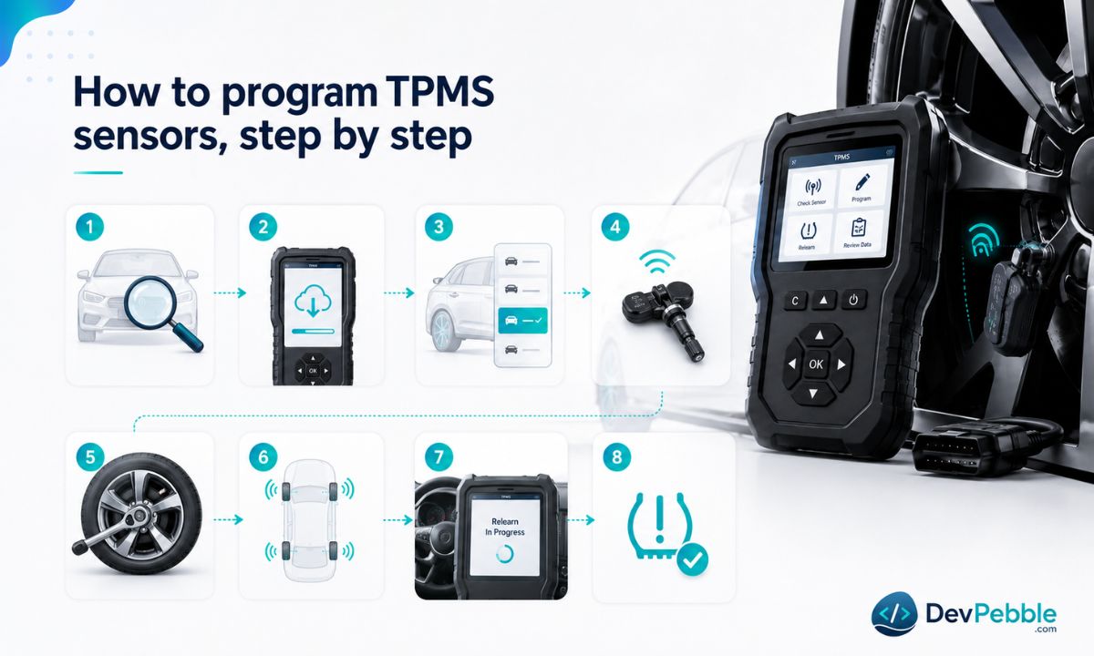 How to program TPMS sensors step by step — confirm details, update the tool, select the vehicle, program before installation, install correctly, read each sensor, relearn, and confirm the light is off.