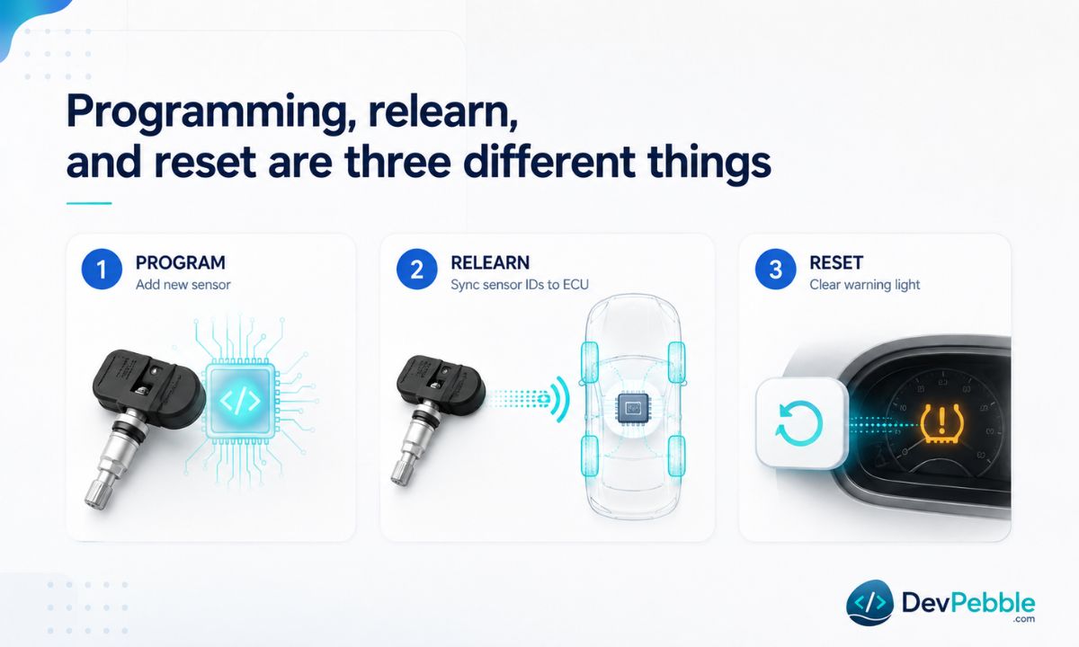 Programming, relearn, and reset are three different things — programming writes data to a sensor, relearn registers sensor IDs with the ECU, and a reset only clears the warning light.