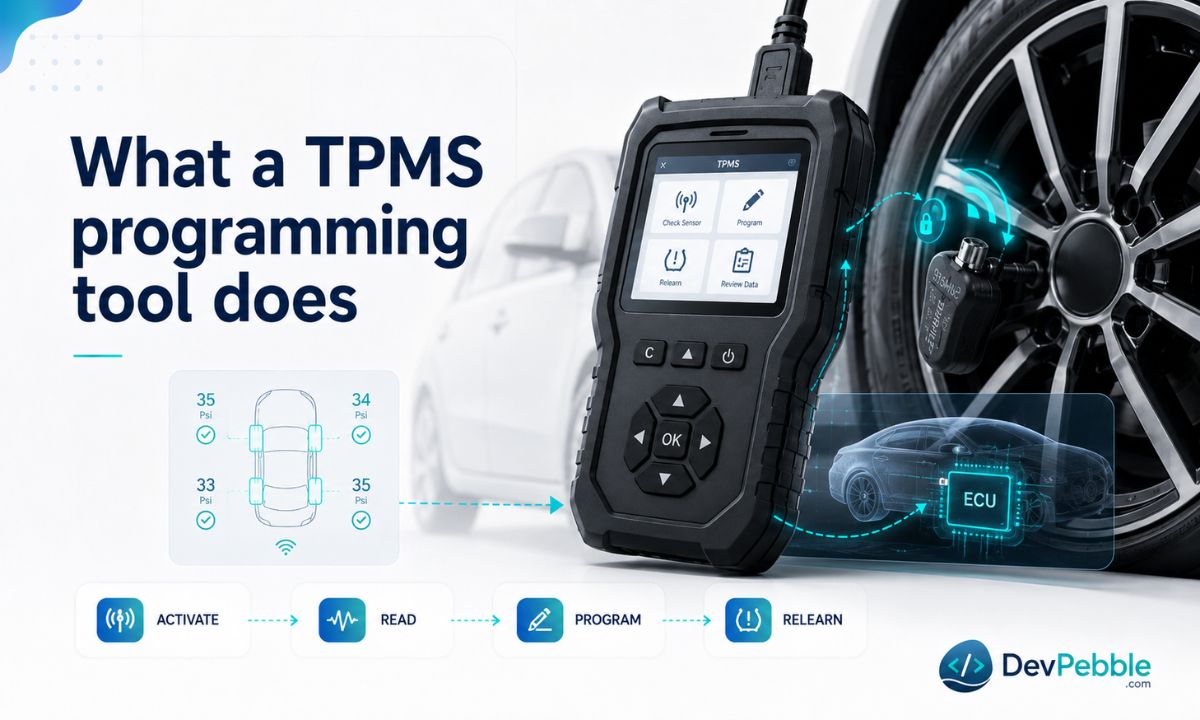 What a TPMS programming tool does — a handheld device that programs blank sensors, wakes and reads sensor data, reports sensor health, and guides the relearn.
