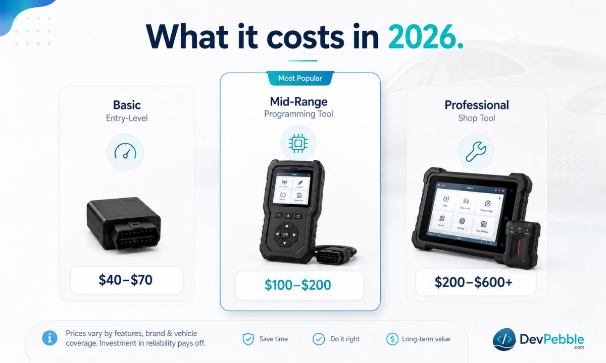 What a TPMS programming tool costs in 2026 — entry-level tools at $40 to $70, mid-range tools at $100 to $200, and professional tools from $200 past $600.