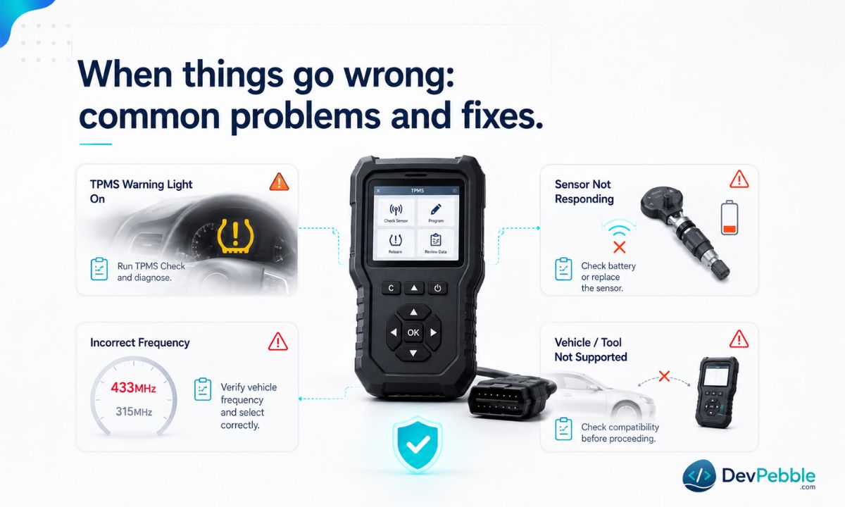 When things go wrong with TPMS programming — common problems and fixes for unread sensors, wrong vehicle selection, incompatible sensors, dead batteries, wrong frequency, and incomplete relearns.