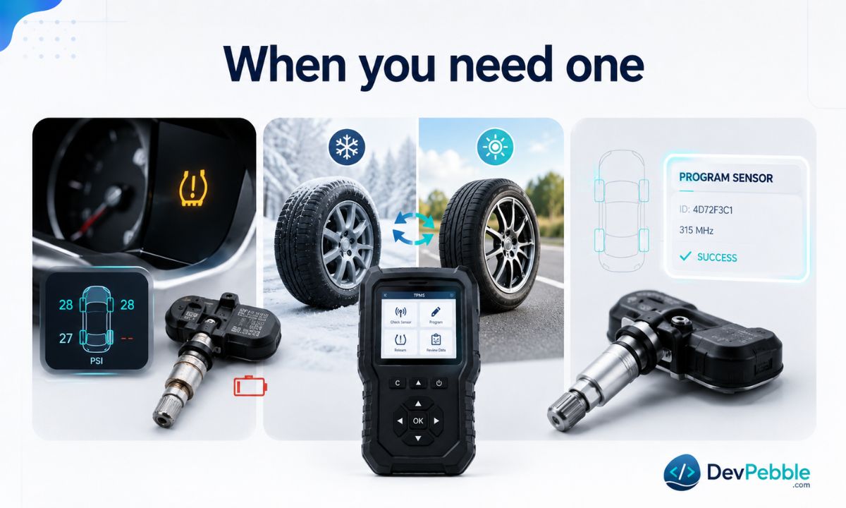 When you need a TPMS programming tool — after replacing a sensor, running seasonal wheels, using universal sensors, when the light stays on, or running a tire shop.