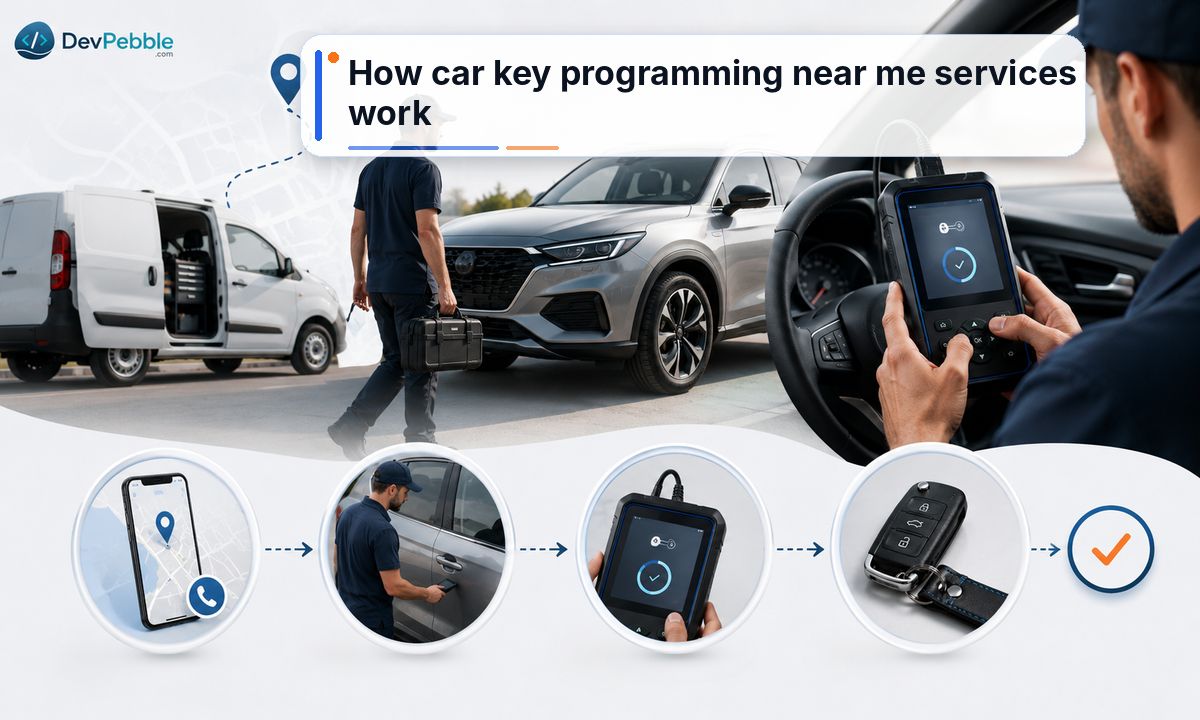 How car key programming near me services work — a mobile auto locksmith plugs a diagnostic programmer into the car's OBD-II port at the roadside to read key data and write a new key into the immobiliser.