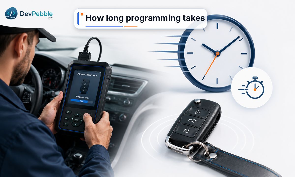 How long car key programming takes — a spare key in 20 to 45 minutes, a fob re-pairing in under 20 minutes, and an all-keys-lost job in 60 to 90 minutes or more.