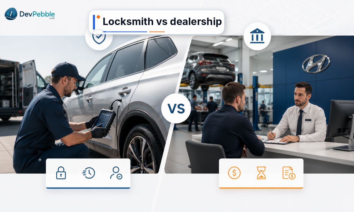 Locksmith vs dealership for car key programming — a mobile auto locksmith comes to you within the hour and costs less, while a dealership has the manufacturer's software for very new or locked-down luxury models.