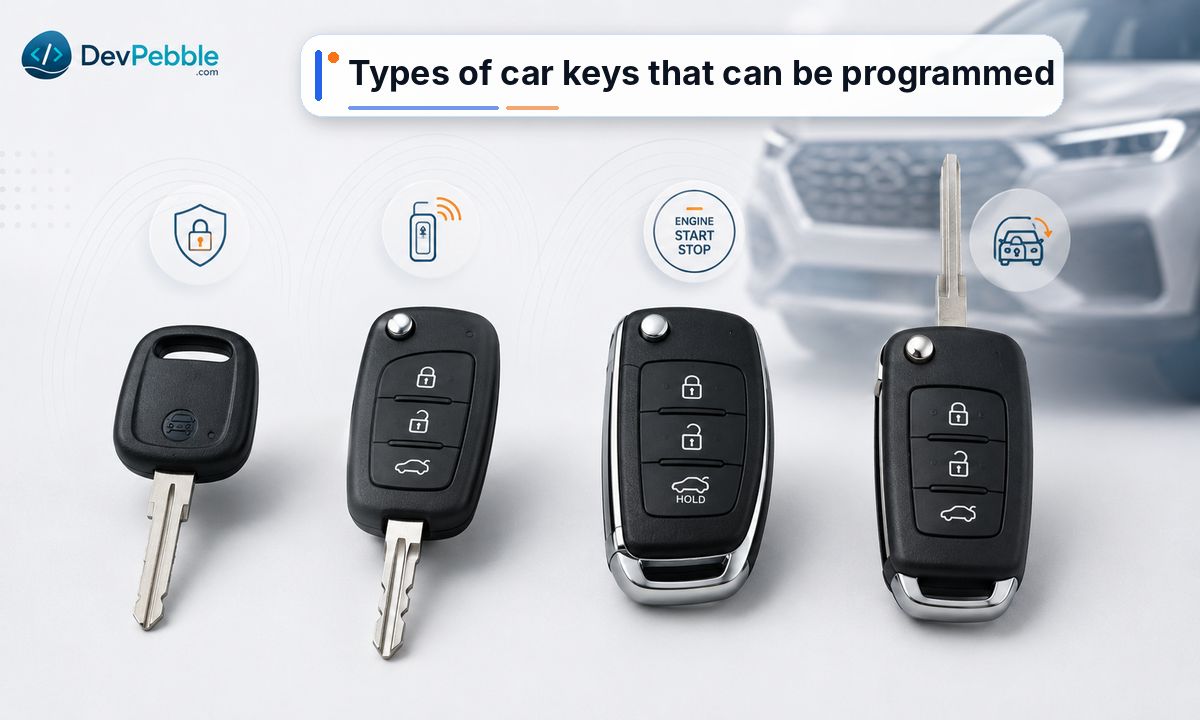 Types of car keys that can be programmed — transponder keys, remote head keys, smart push-start keys, and switchblade keys, alongside older cut-only non-transponder keys.