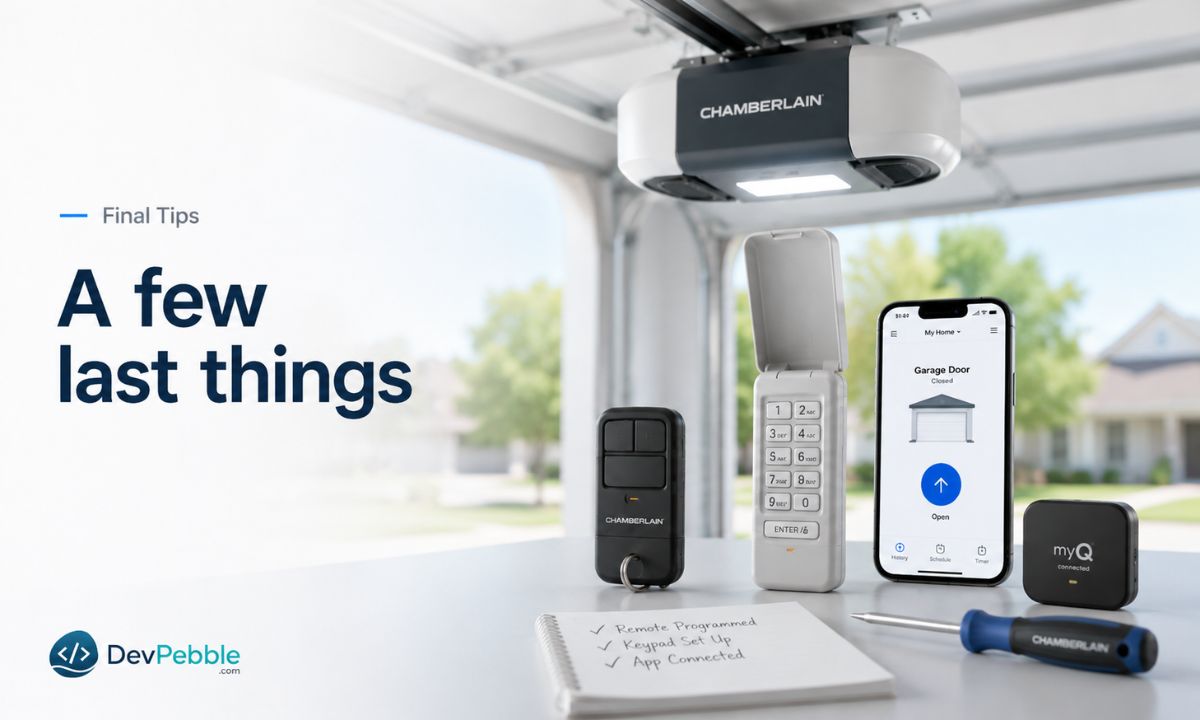 A few last things on Chamberlain garage door opener programming — find the Learn button, run the right process for your remote, keypad, or myQ app, and check compatibility first.