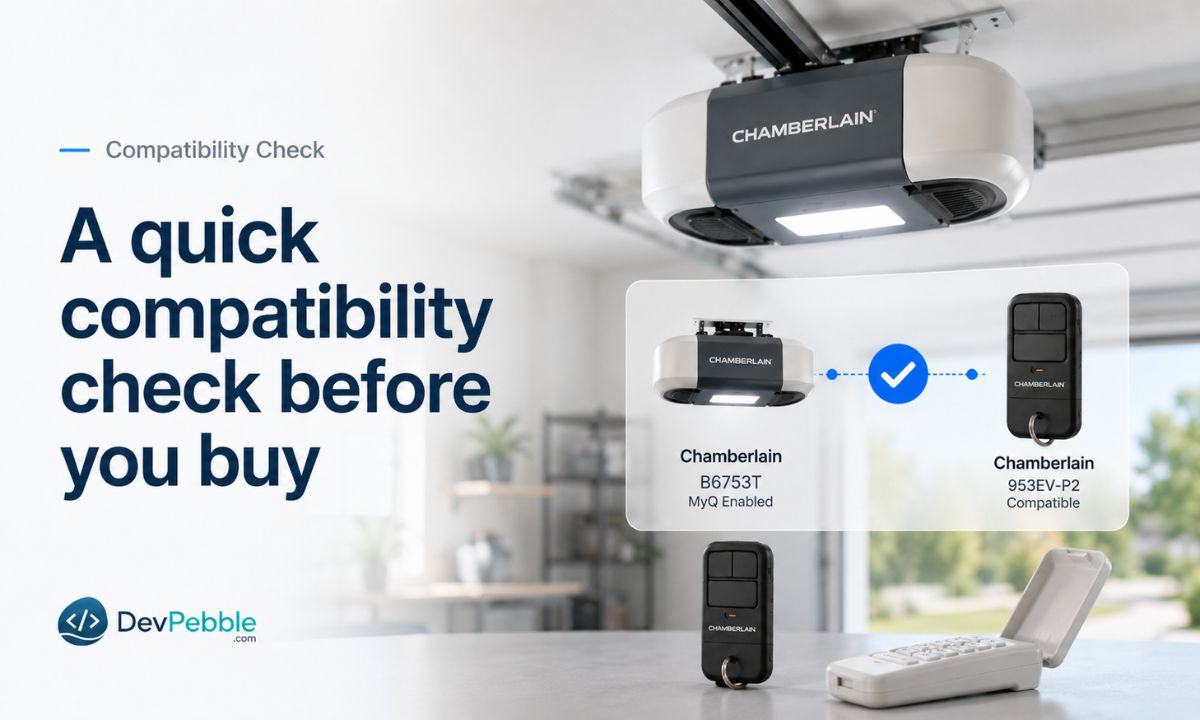 A quick compatibility check before you buy a Chamberlain remote or keypad — match the opener's model number and Learn button color against the accessory's listed compatibility.