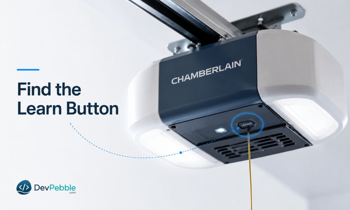 How to find the Learn button on a Chamberlain opener — located on the back or side panel of the ceiling motor unit near the antenna wire, sometimes hidden under the light lens.