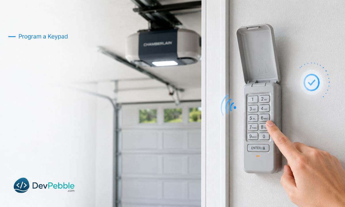 How to program a Chamberlain keypad — enter programming mode with the Learn button, set a four-digit PIN on the keypad, press Enter, and test the code from a safe distance.