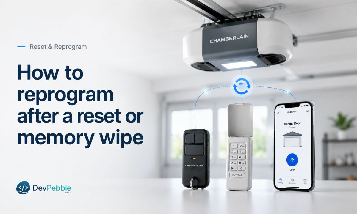 How to reprogram a Chamberlain opener after a reset or memory wipe — re-add every remote, keypad, and myQ connection, since clearing the memory removes all paired devices at once.