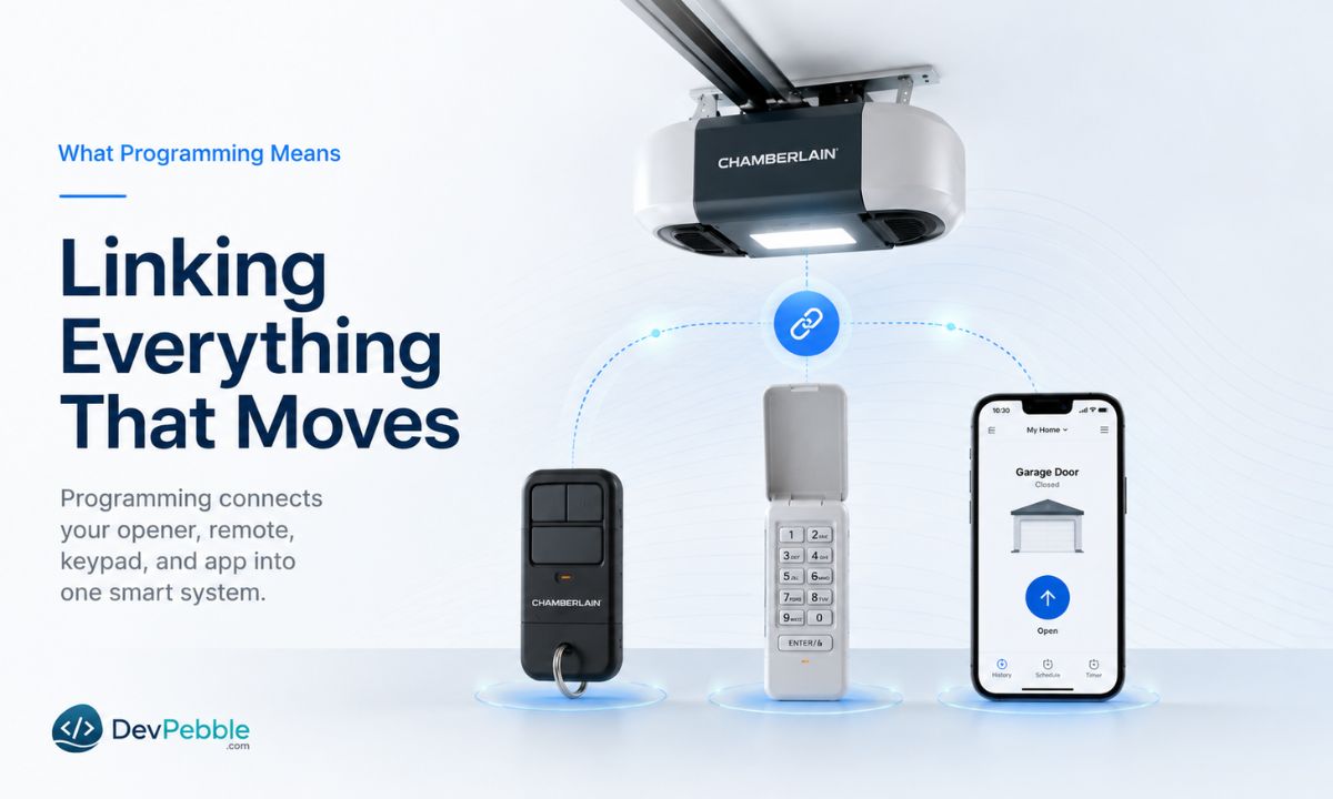 What it means to program a Chamberlain opener — teaching the garage door motor's onboard memory to recognize an authorized remote, keypad, or phone app before it will open or close the door.