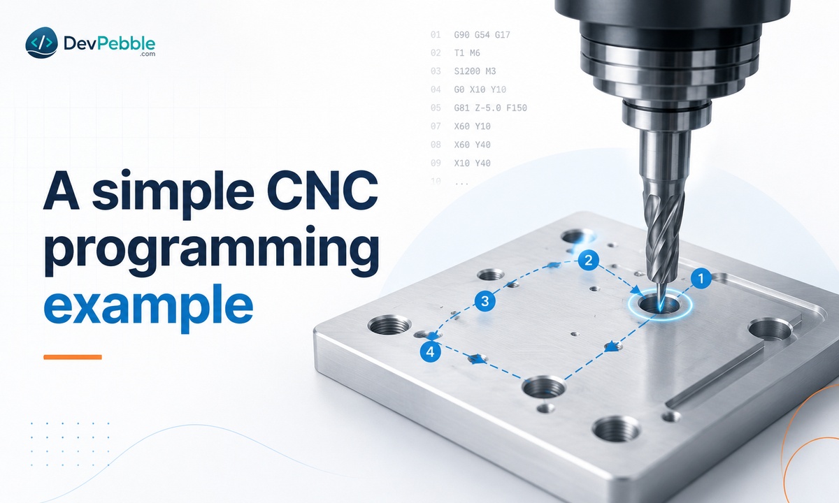 A simple CNC programming example — G-code that drills one hole in aluminum by moving the tool over the hole, spinning the spindle, feeding to depth, and retracting.