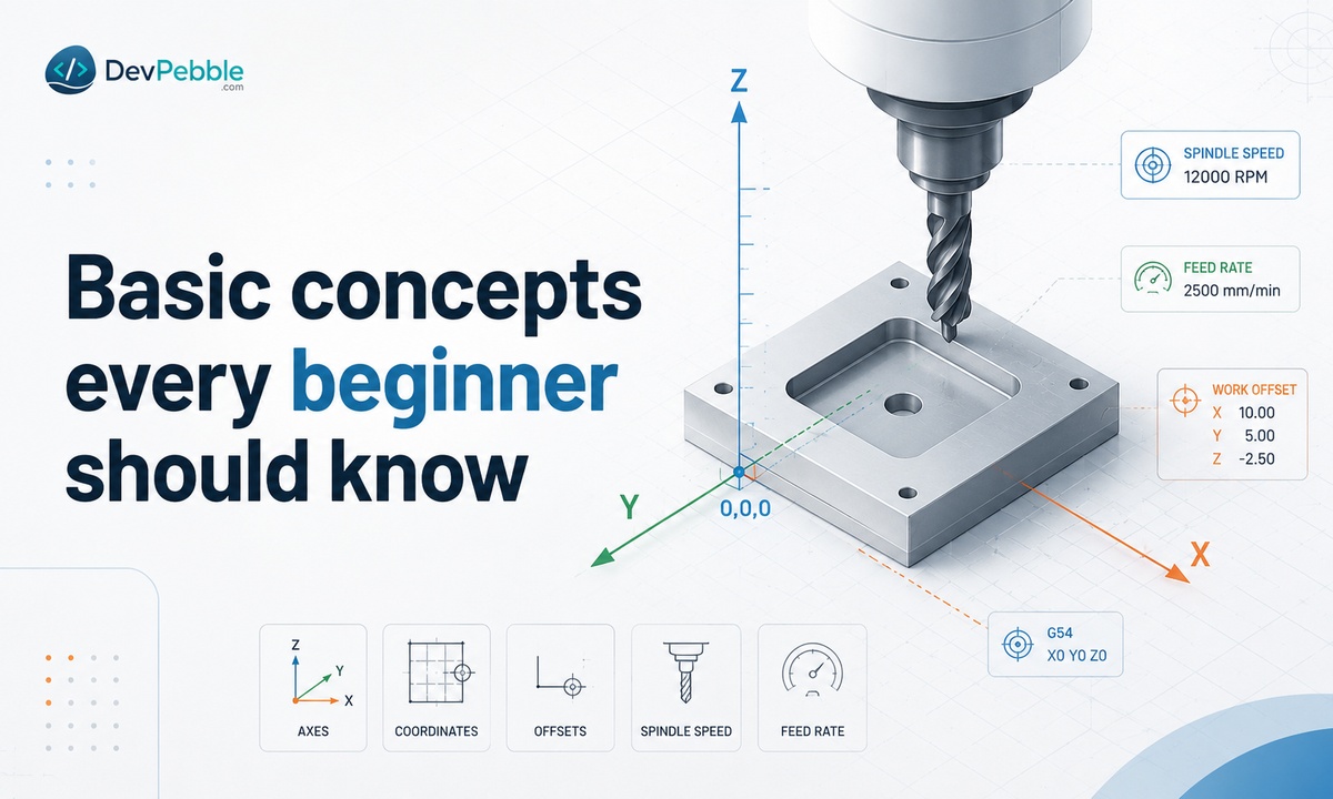 Basic CNC concepts every beginner should know — coordinates, work and tool offsets, feed rate, and spindle speed, the four ideas behind reading and writing any program.