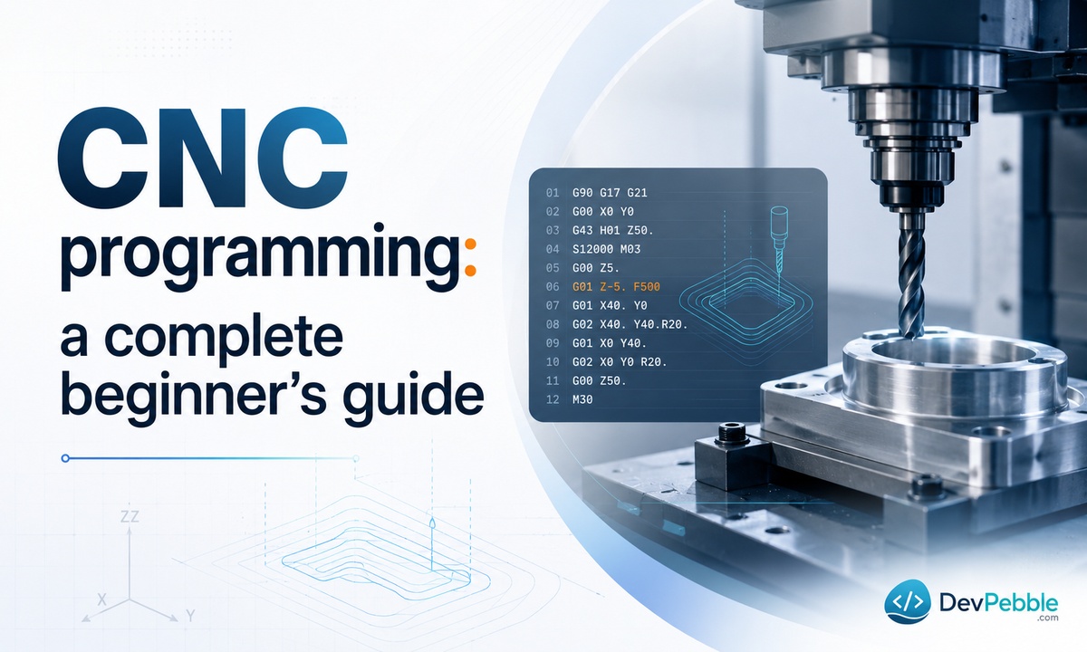 CNC programming: a complete beginner's guide — coded instructions turning a digital CAD design into a precisely cut metal part on a CNC machine.