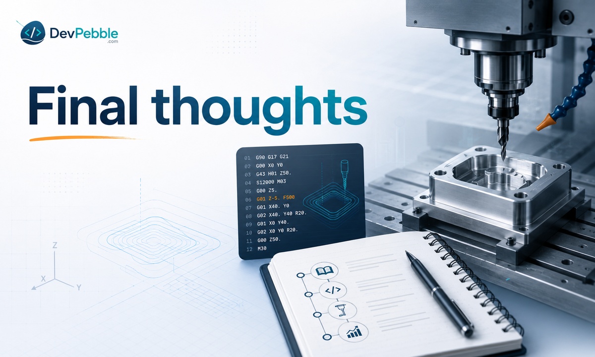 Final thoughts on CNC programming — know your coordinates, understand your code, commit to one CAM program, practice on easy parts, and get real machine time.